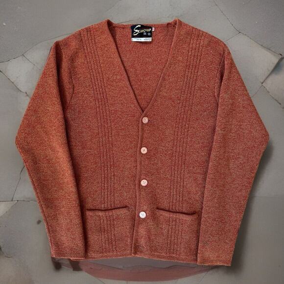 Vintage Snow Cardigan 34 Orange Wool Sweater 60s Winter Outerwear - Picture 1 of 11